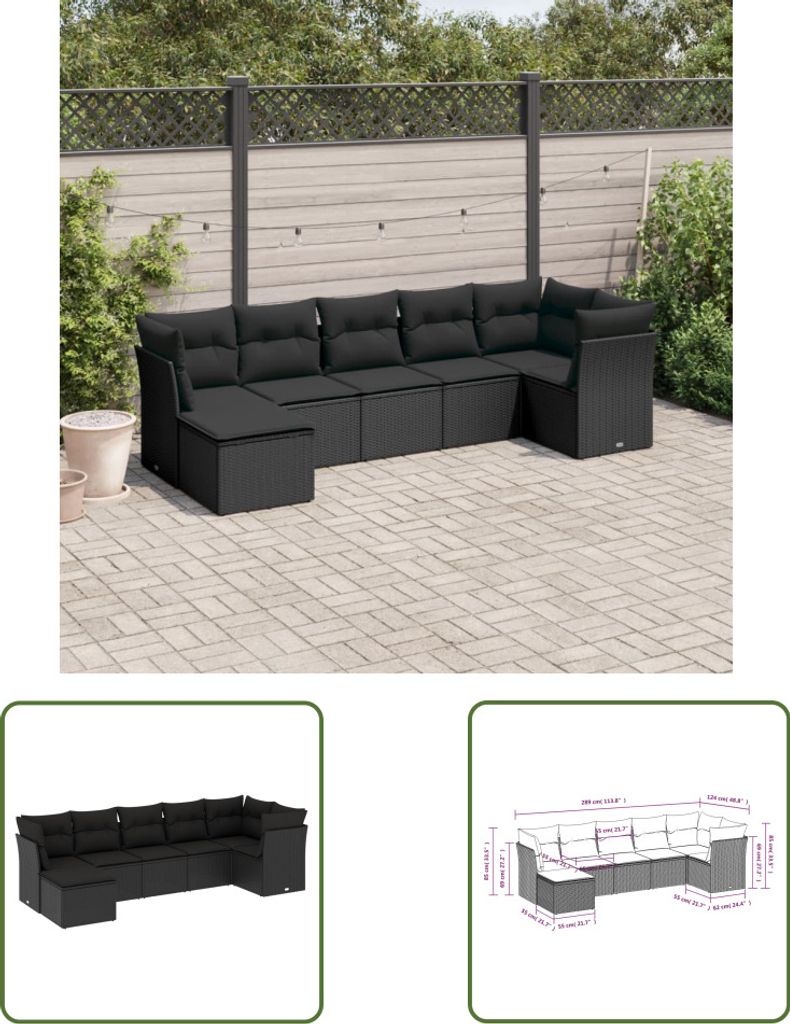 The Living Store 7-tlg. Garten-Sofagarnitur mit Kissen Schwarz Poly Rattan