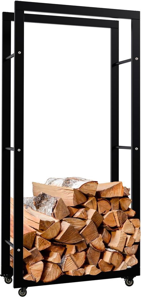 DELUKE Kaminholzregal innen Metall SATLO - mit Rollen | Brennholzregal innen Kaminholzständer Kaminholzhalter Feuerholzregal Innen | Schwarz, 25...