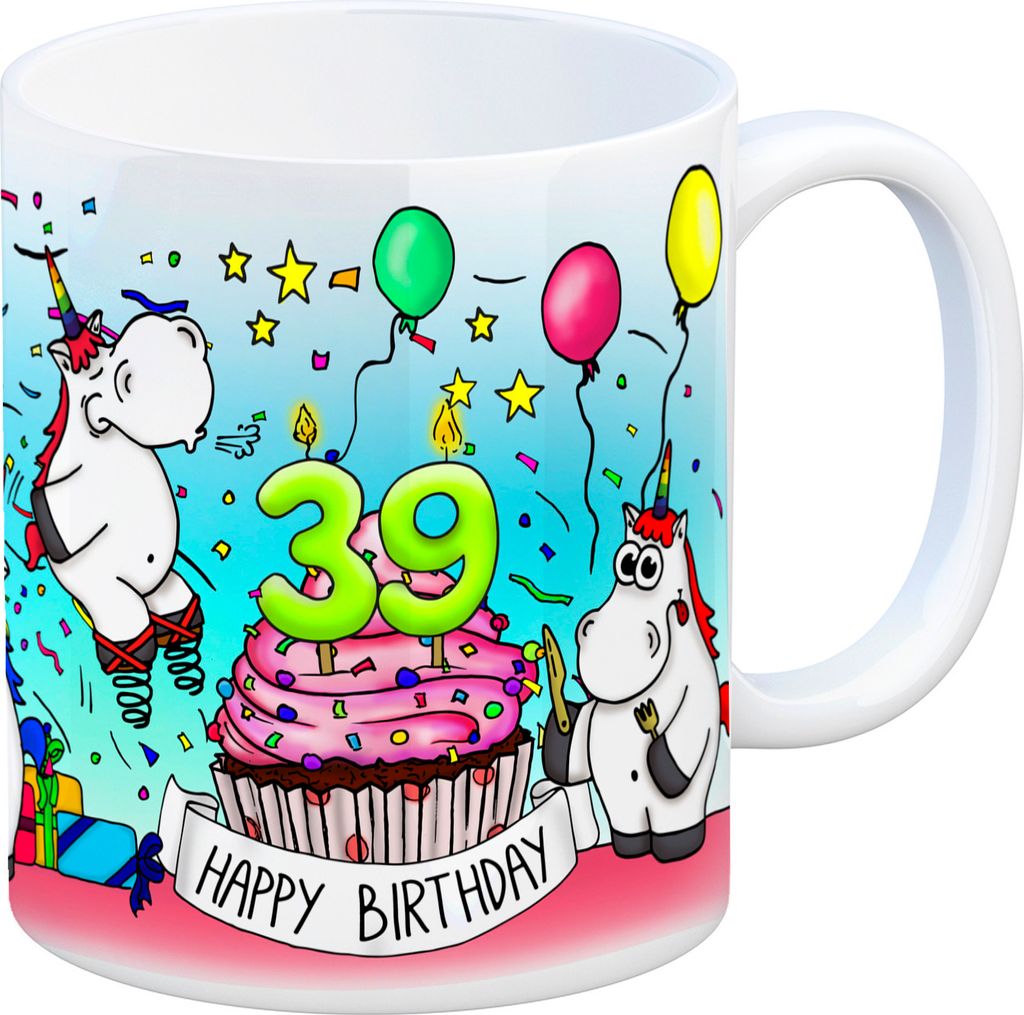 Honeycorns Tasse zum 39. Geburtstag mit Muffin und Einhorn Party Kaffeebecher