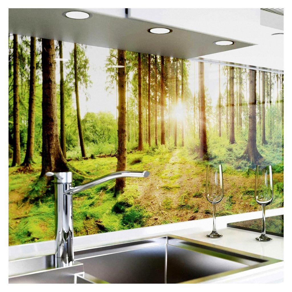 Selbstklebende Küchenrückwand - Glasoptik - Spritzschutz für die Küche - verstärkte PET-Folie - 0,8 mm - Sonnenstrahlen im Wald - 60 cm x 280 cm