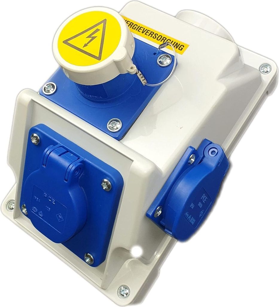 RoadEu CEE Kombistecker 16A 3P, Caravan Adapter, 2x Schuko Steckdosen 230V, Wandgerätestecker IP44