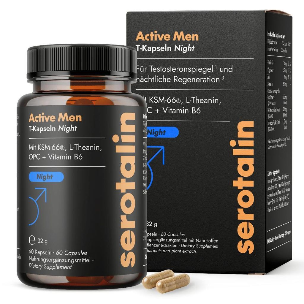 serotalin Active Men T-Kapseln Night | 500 mg Ashwagandha KSM-66 (5% Withanolide) | Magnesium, Zink, L-Theanin & OPC | Germany | 60 St