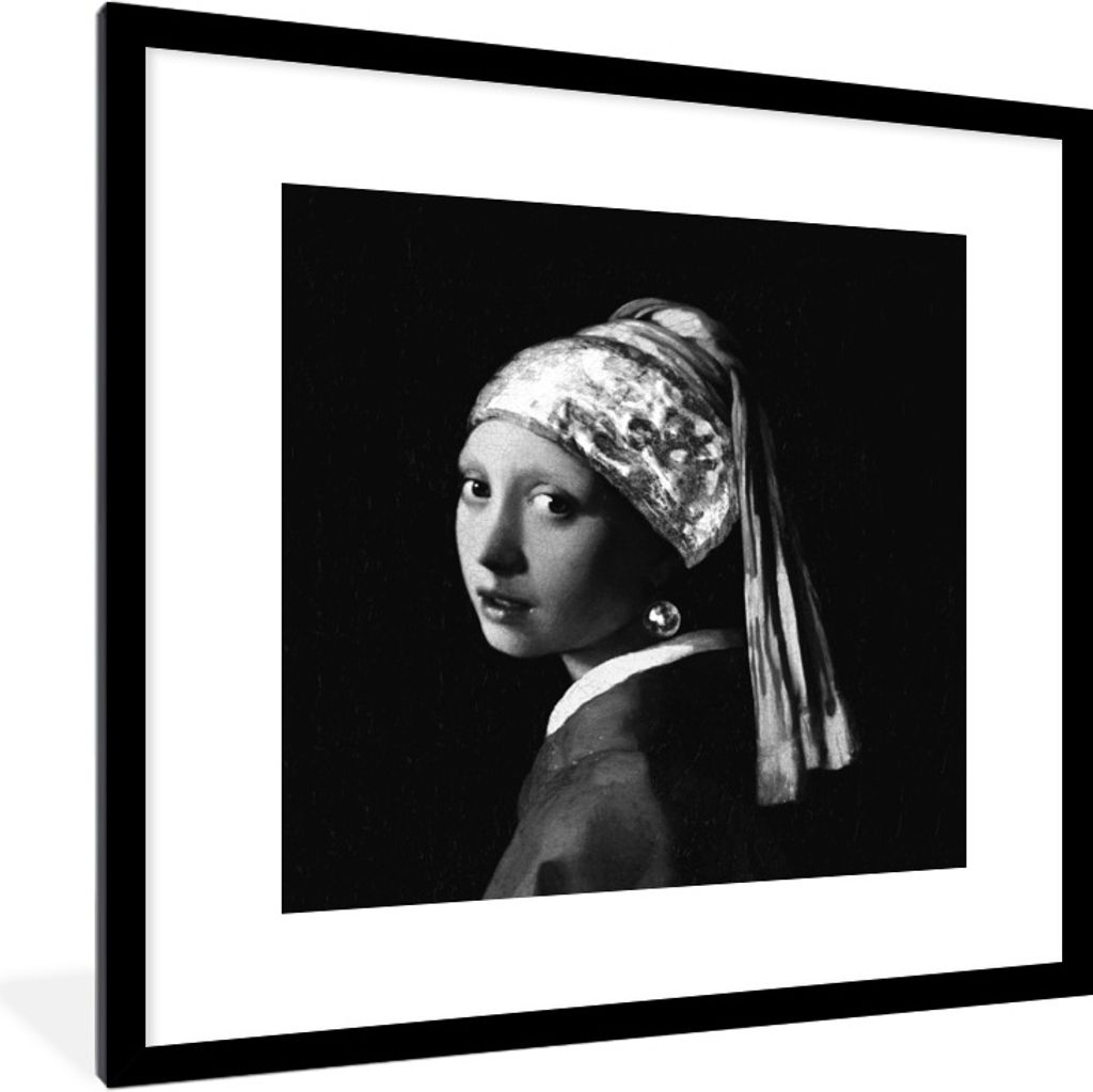 MuchoWow Gerahmtes Poster Das Mädchen mit dem Perlenohrring - Johannes Vermeer - Schwarz und weiß 40x40 cm - Poster mit Schwarzem Bilderrahmen ...