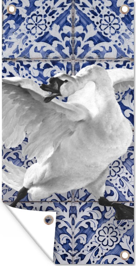 MuchoWow 40x80 cm Outdoor-Poster Gartendeko Sichtschutz Garten Poster für den Garten Schwan - Kunst - Delfter Blau - Malerei - Alte Meister