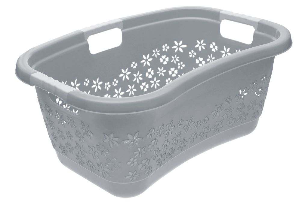 A grey laundry basket with a floral pattern.