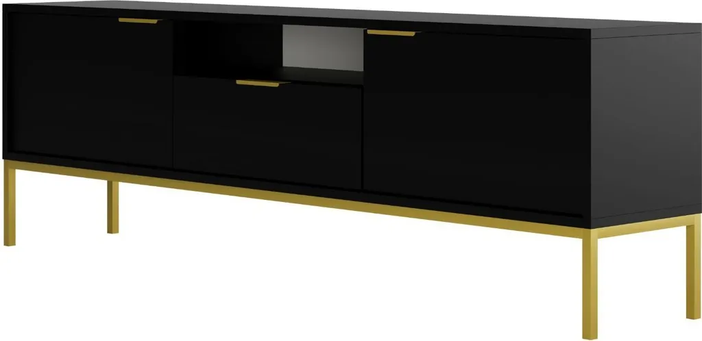 Banc TV Design de 175 cm Noir et Or - Buffet Bas Multimédia Salon Chic
