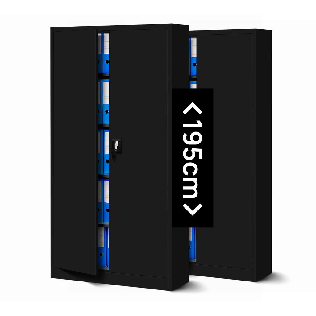 Two black filing cabinets are shown, one slightly open and revealing blue files inside. A black overlay with white text is present on the right side of the image.