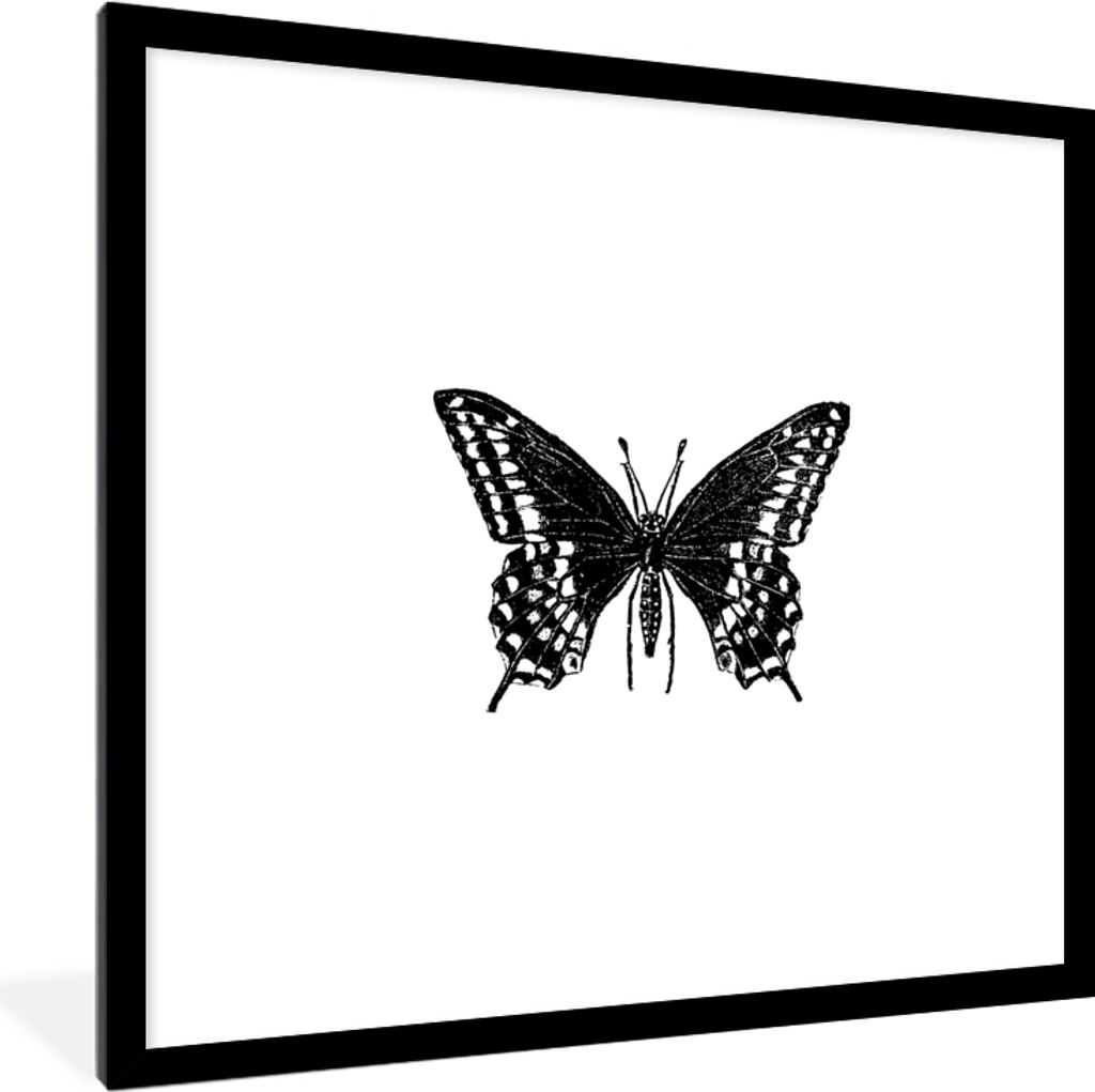 MuchoWow Gerahmtes Poster Schmetterling - Tiere - Retro - Schwarz und weiß 40x40 cm - Poster mit Schwarzem Bilderrahmen Wandposter Rahmen Foto B...
