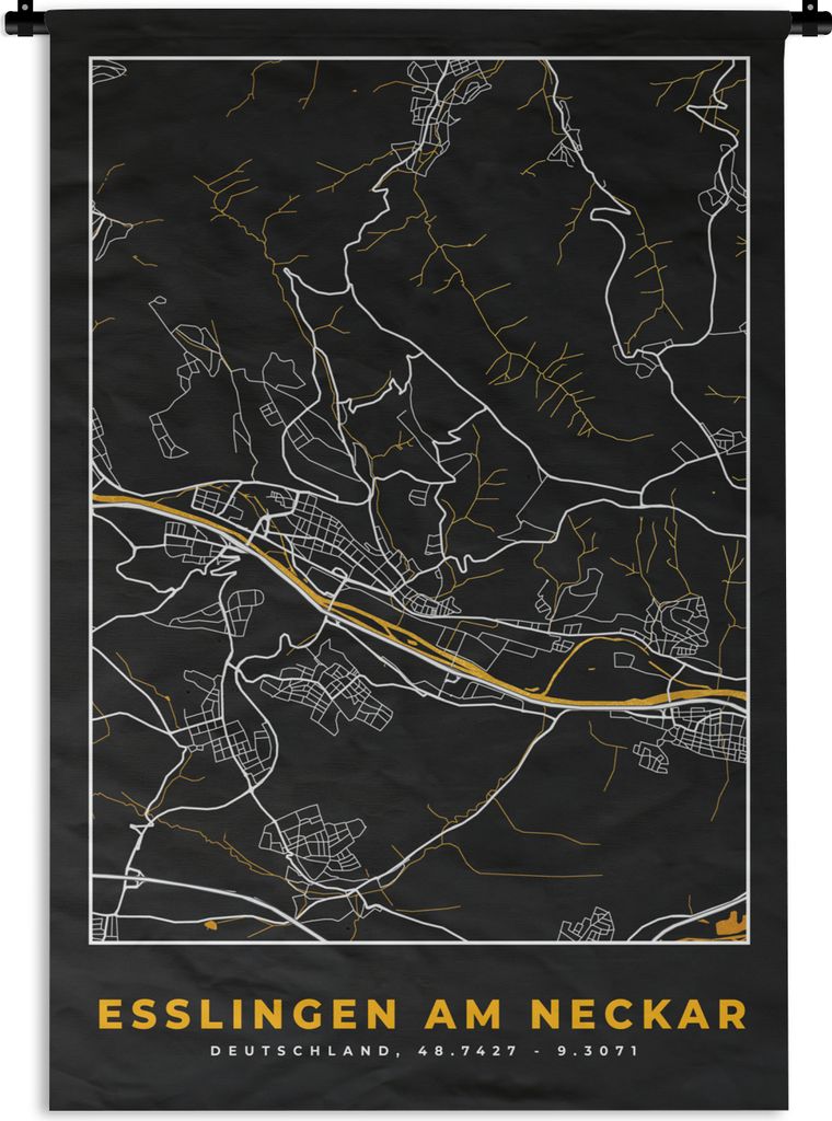 MuchoWow Wandteppich Wandbehang Stadtplan - Karte - Deutschland - Gold - Esslingen am Neckar - Karte 60x90 cm Tapisserie Dekoration Wandtuch - Fo...