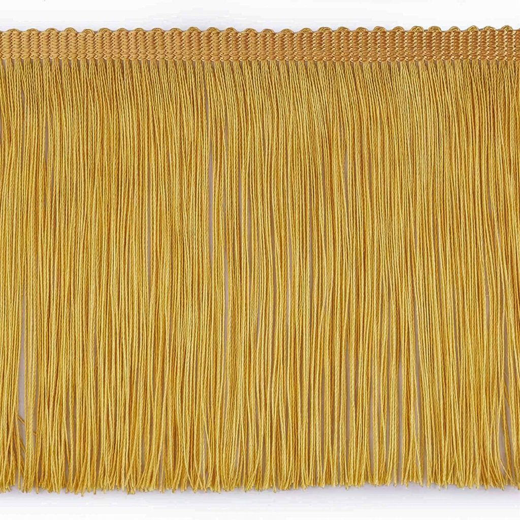 Fransenborte 155 mm in Altgold – Glänzendes Zierband für Kissen, Vorhänge & Boho Kleidung.