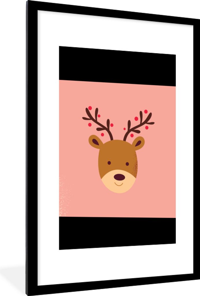 MuchoWow Gerahmtes Poster Rentier - Weihnachten - Rosa - Winter 60x90 cm - Poster mit Schwarzem Bilderrahmen Wandposter Rahmen Foto Bilder - Deko...