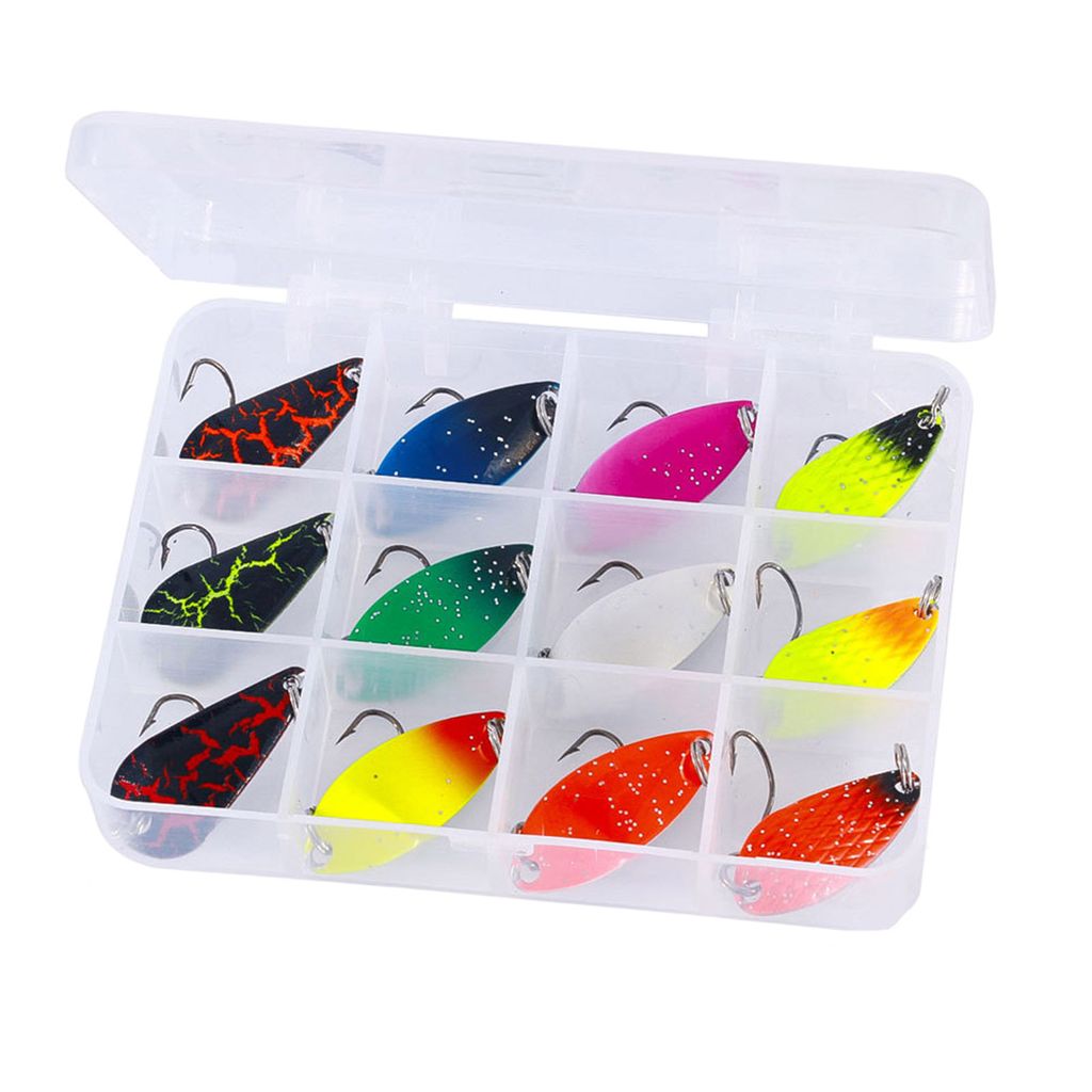 12 Stück Angelköder mit Box scharfer Haken gute Wurffähigkeit mehrere Größen Metall Pferdemaul Schnabel Forelle Pailletten Outdoor-Angeln-A