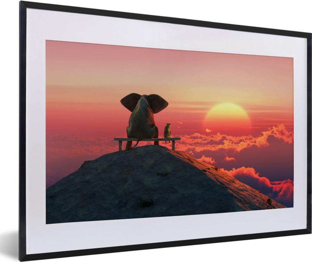 MuchoWow MuchoWow Gerahmtes Poster Hund - Elefant - Berg 60x40 cm - Poster mit zchwarzem Bilderrahmen - Schlafzimmer - Plakat in Rahmen - Drucken