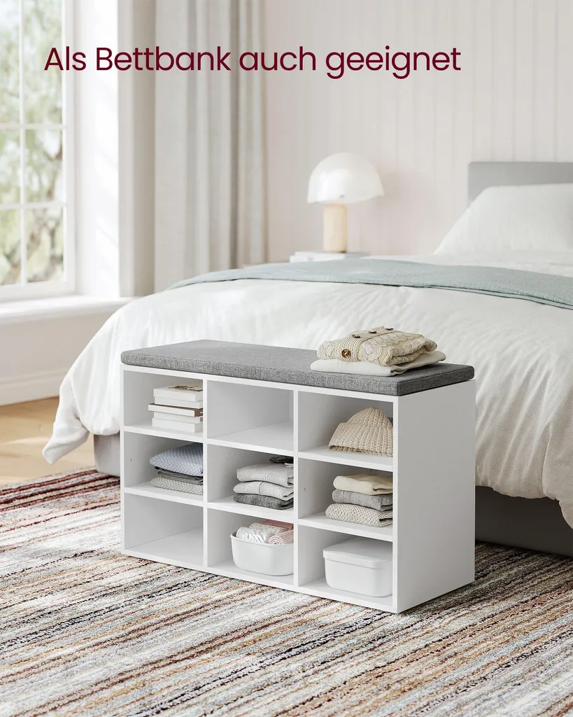 Coussin pour banc à chaussures avec 9 compartiments de rangement gris