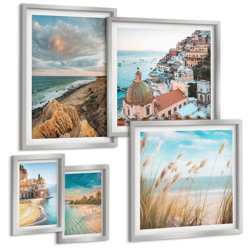 Bilder Set 5-teilig im silbergerahmten Rahmen – Wandbilder 5 Stück – gerahmte Poster für Wohnzimmer, Schlafzimmer und Flur – 50x50 cm - 40x...