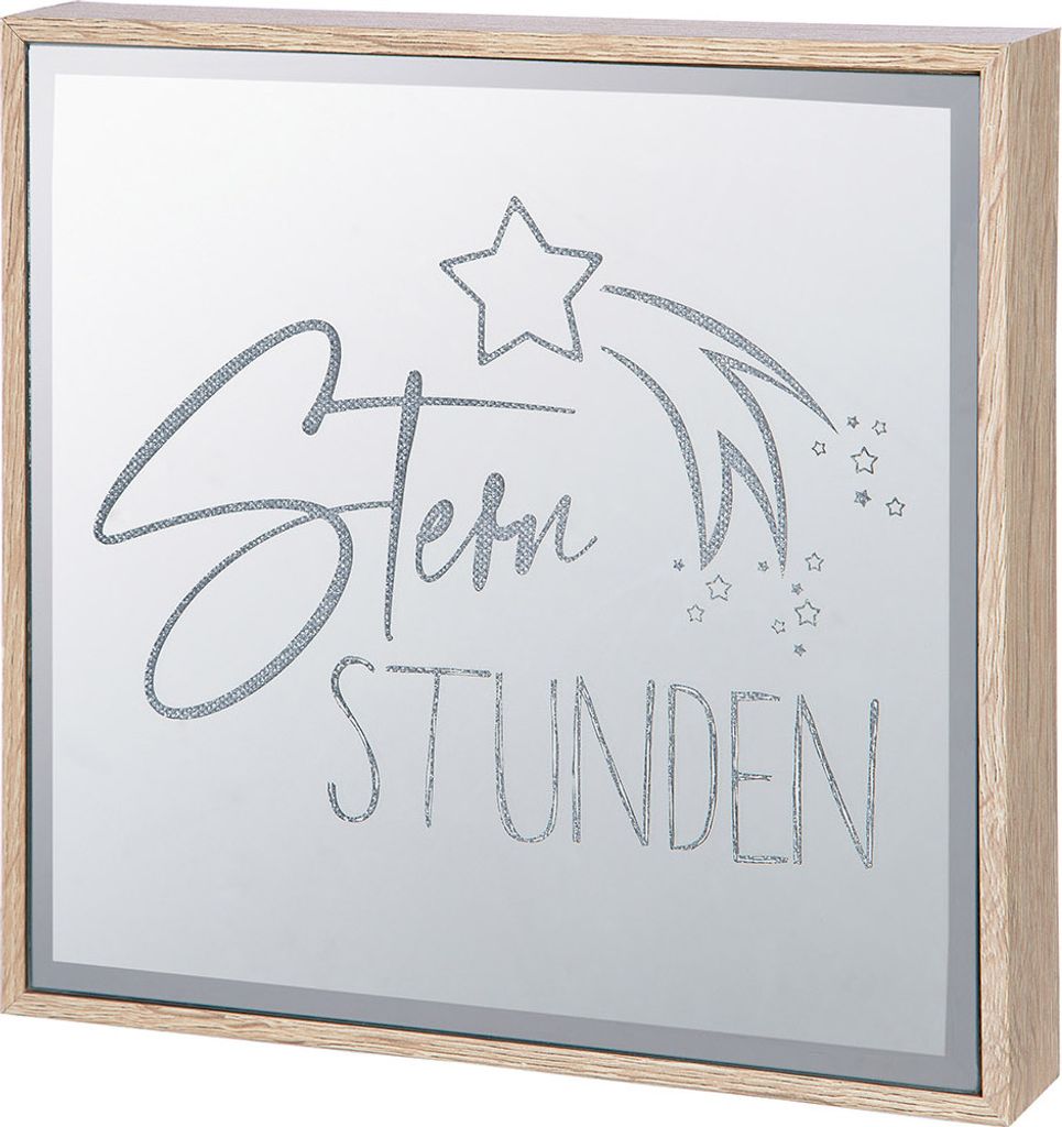 Gilde Spiegelbild (LED), quadratisch, "Sternstunden", Schriftzug, Sternmotiv, MDF, Spiegelglas, naturfarben, silberfarben, VE 2, L. 4 cm, B. 21 cm,...