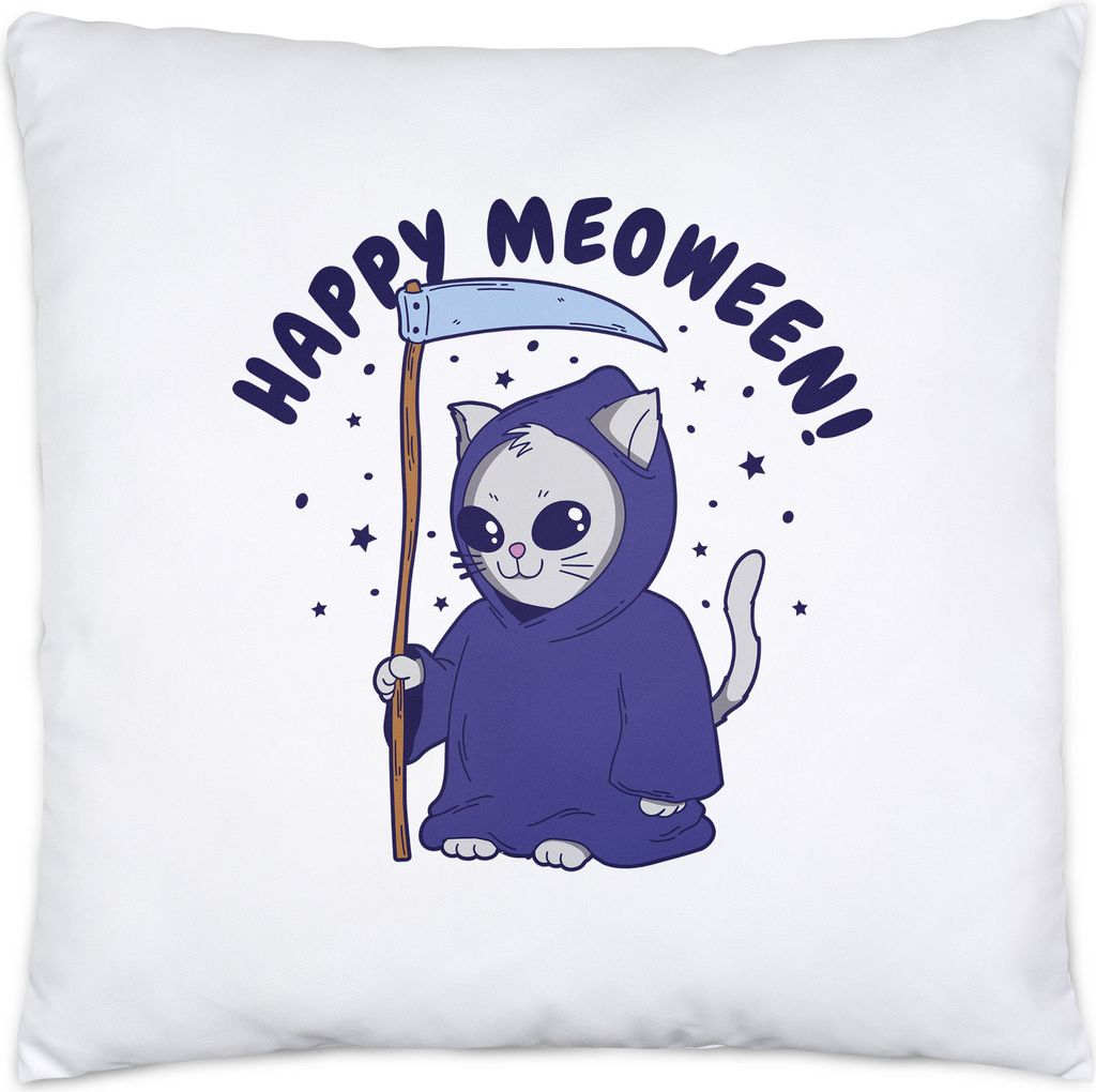 Happy Moeween Kissen Katze Mietze Kater Cat Humor Sarkasmus Oktober Tod Sensenmann Axt Happy Halloween