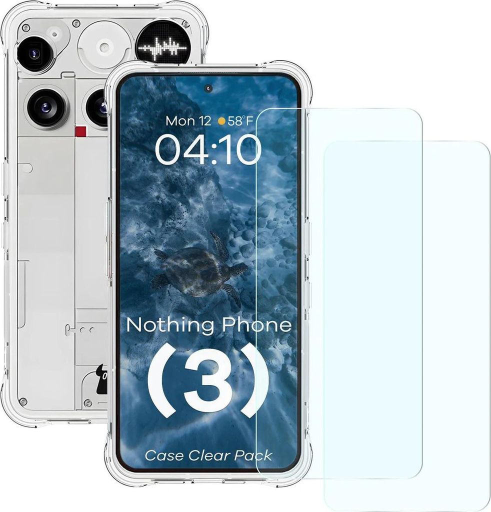 Schutzhülle + 2x gehärtetes Glas für Nothing Phone (3), Bizon Case Clear Pack, Transparent