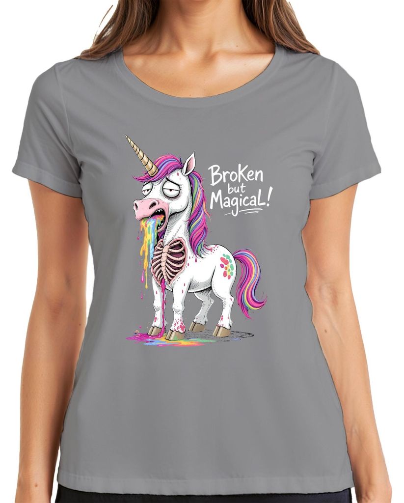 Broken but Magical Unicorn Rainbow Vomit Skeleton Funny Damen T-Shirt, Grau, L