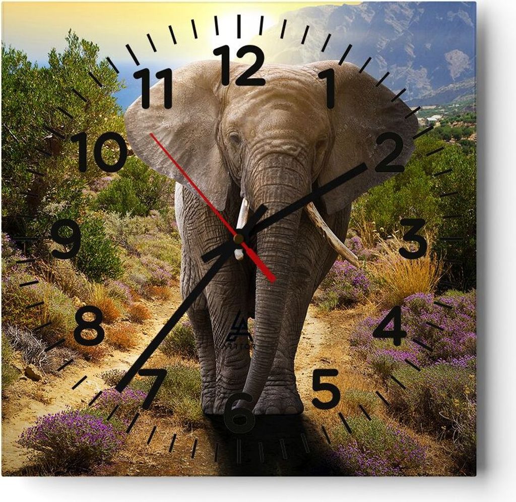 Wanduhr - Quadrat - Glasuhr - Tiere Afrika Elefanten Spaziergang - 30x30cm - Schleichendes Uhrwerk - Lautlos - zum Aufhängen bereit - Dekoration M...