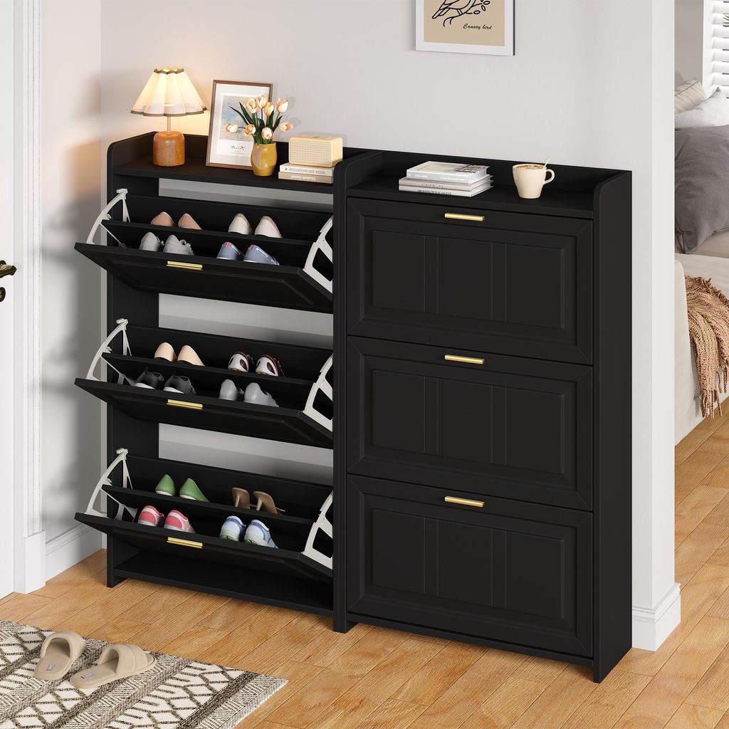 STILVORA Schuhschrank 2er Set 70x24x120 cm mit 6 Fächern und Klappfächern und großem Stauraum, Schuhregal mit mehrstufiger Aufbewahrung und plat...