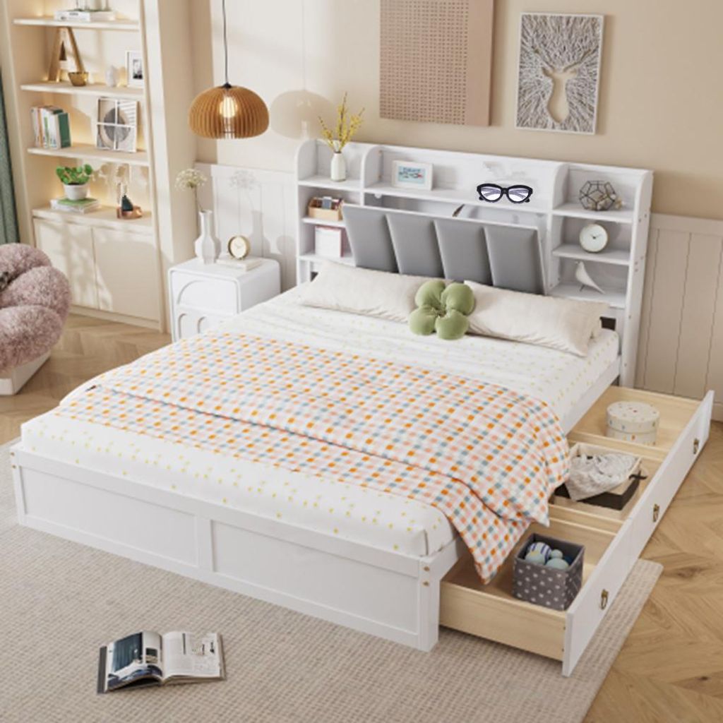 Bett, Doppelbett, Offenes Regal, Drei Schubladen mit Rollen, Ablagefach mit herunterklappbarer Tür,160x200