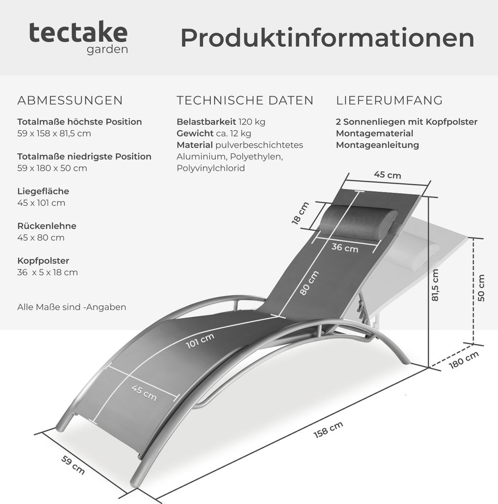 2er Set Gartenliege Alina Textilene-Gewebe 180 x 59 x 50 cm Produktbild 5