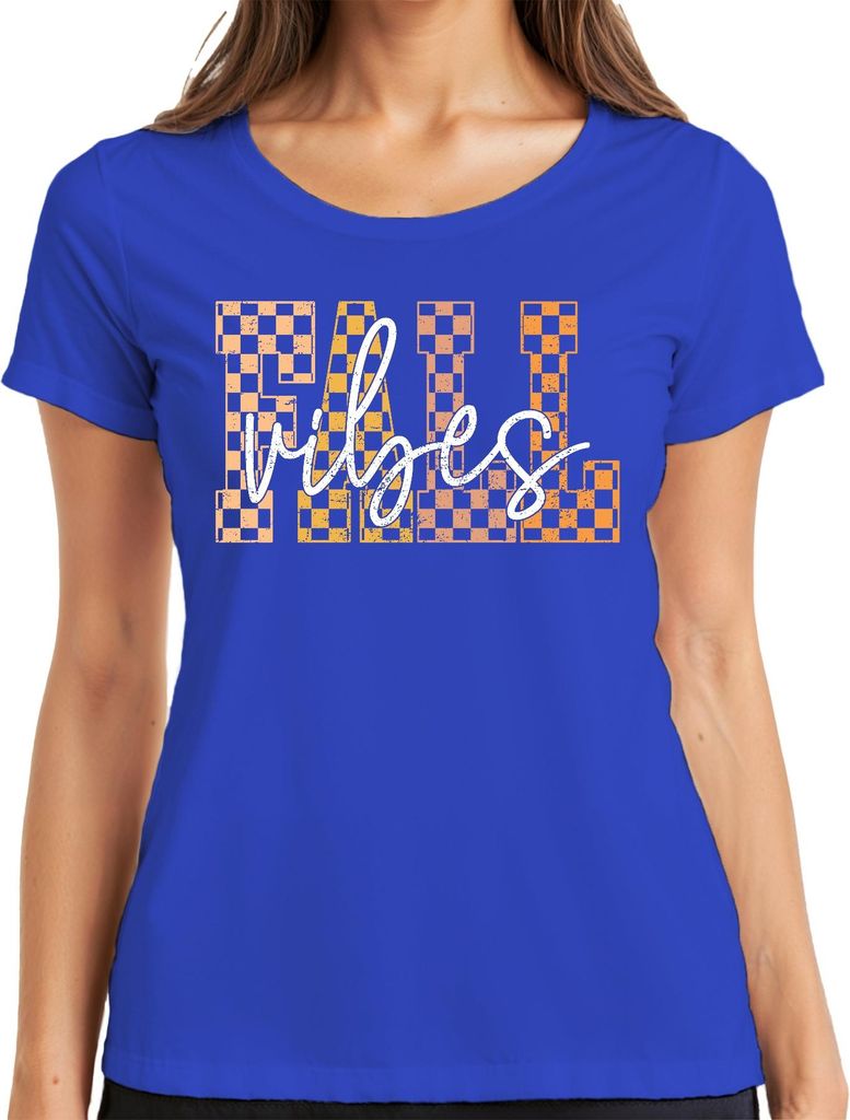 Fall Vibes Herbst kariert Karo Muster Vintage Retro Grunge Boho Damen T-Shirt, Blau, L