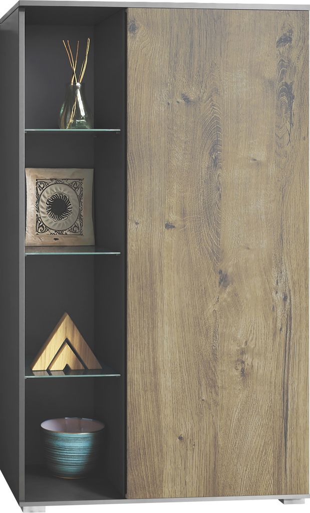 Vladon Vitrine Davos, Germany, Standvitrine mit 3 Glasböden und 8 Fächer, Anthrazit matt/Eiche Ribbeck (71,5 x 134 x 35 cm)