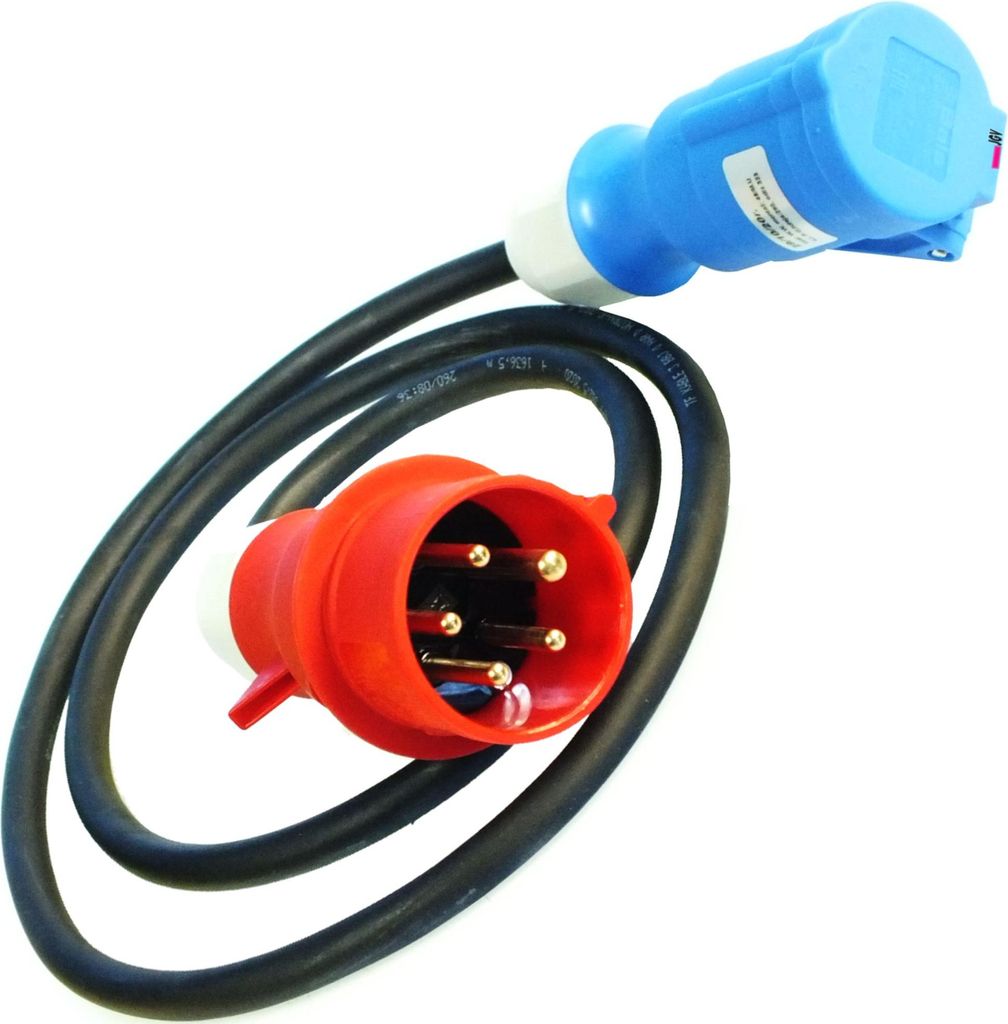 Adapterleitung 1,5 m H07 RN-F 3G 2,5 Kabel Eingang 1x CEE - Stecker 400V 16A 5 polig auf 1x CEE 16A Kupplung 230V 3 polig mit Klappdeckel VDE Adapt...