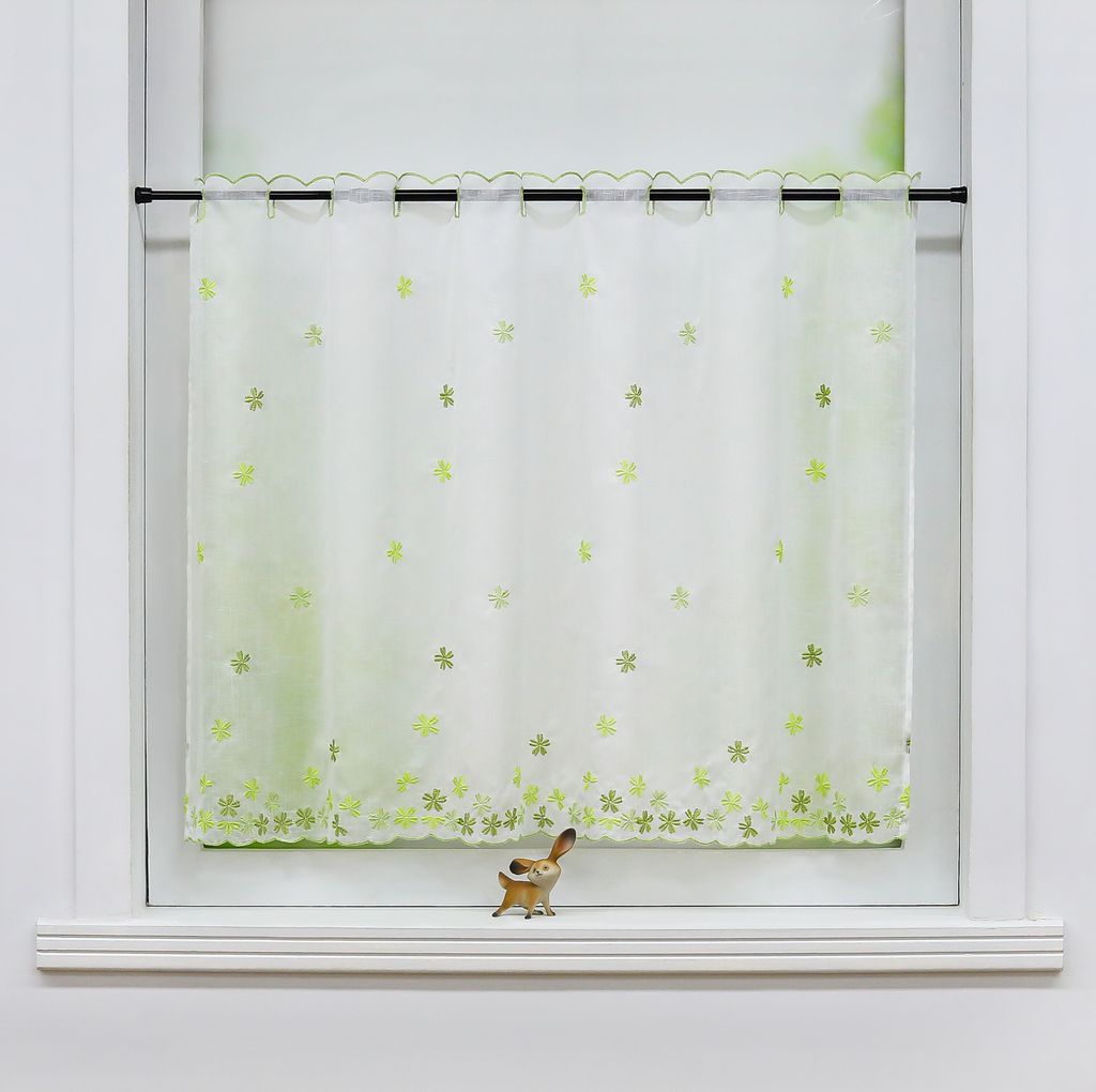 Joyswahl Scheibengardinen Küchengardine Bistrogardine mit gestickten Blumen landhausstil Kurzstores halbtransparent Stickerei Grün HxB 75x120 cm