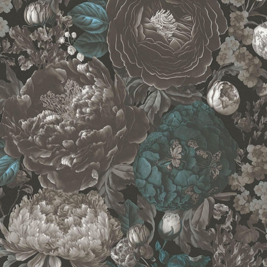 Profhome 399792-GU Blumen Tapete Floral matt schwarz blau grau weiß 5,33 m2
