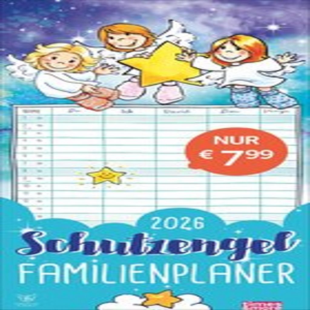A planner with cartoon angels and stars, with price and year information.