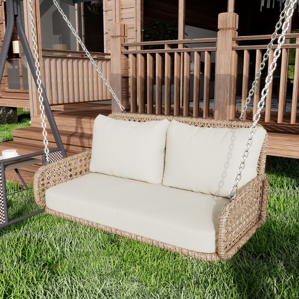 MODFU Hängesessel Hollywoodschaukel aus Polyrattan, 2-Sitzer Gartenschaukel mit Ketten und Kissen Schaukelbank Gartenmöbel Schwebebank, belastbar...