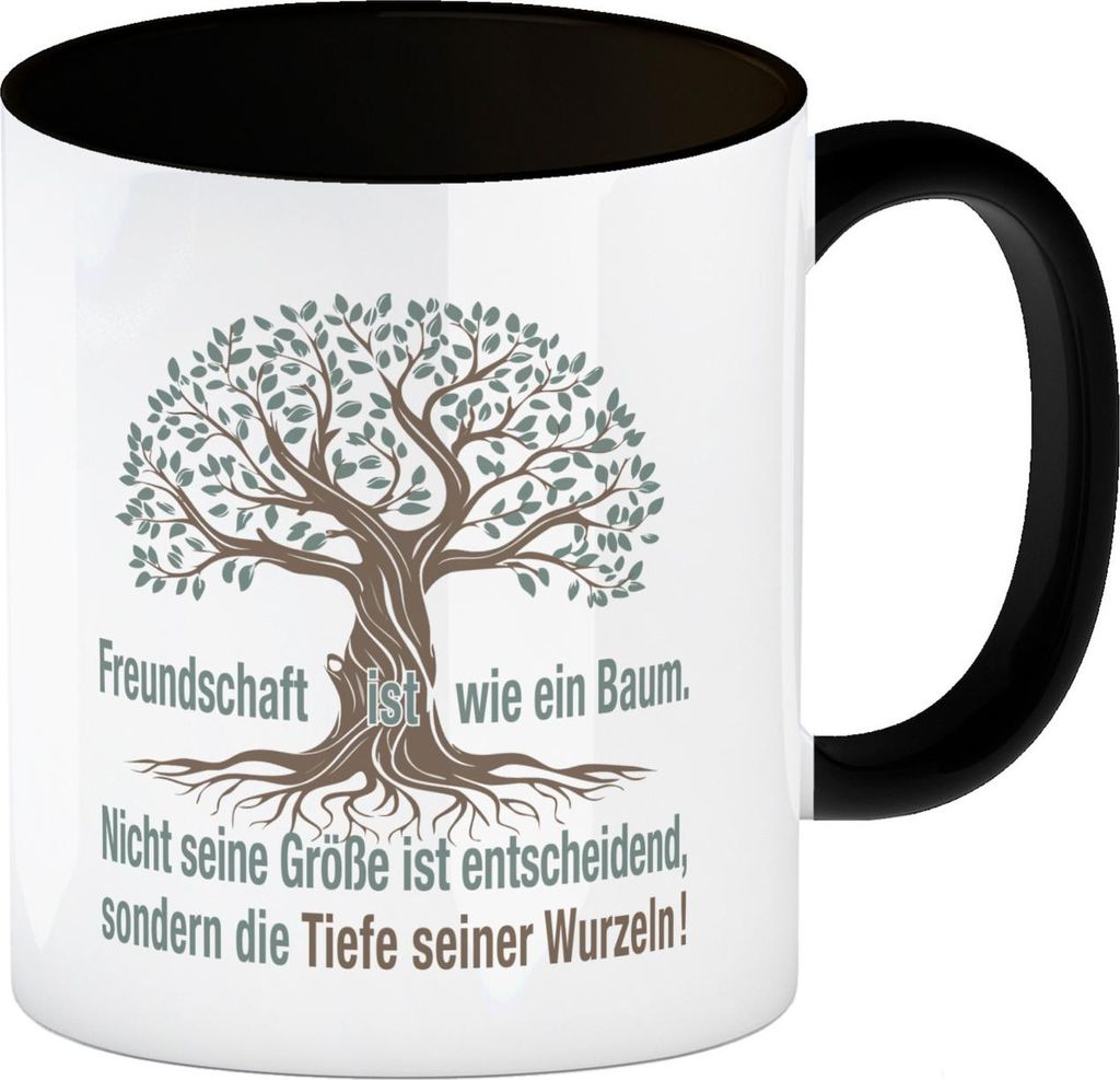 Baum mit Wurzeln Kaffeebecher in schwarz mit Spruch: Freundschaft: Tiefe der