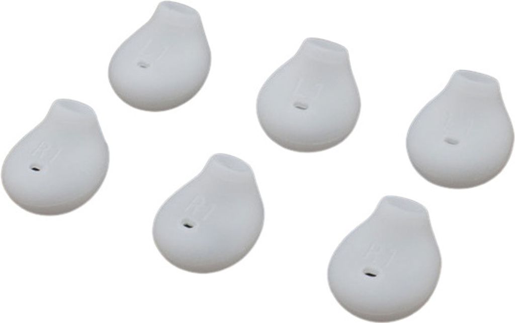 A group of six white silicone earbud tips arranged on a white background.