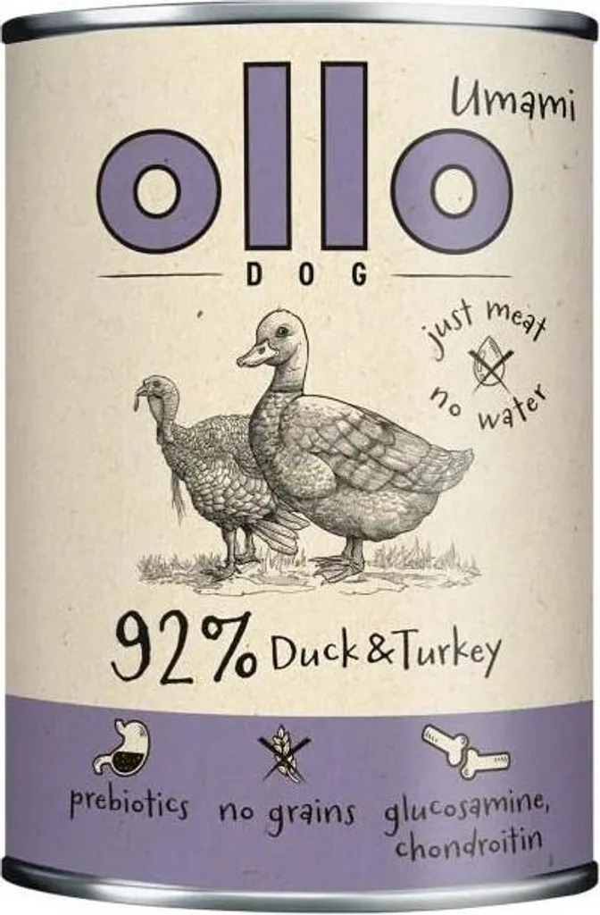 Aliment chien riche en protéines Ollo Umami canard dinde 400 g sans grain