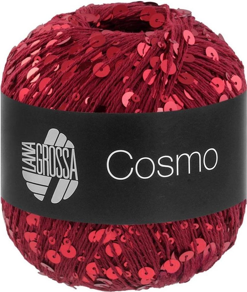 A ball of red yarn with sequins, with a black label around it.