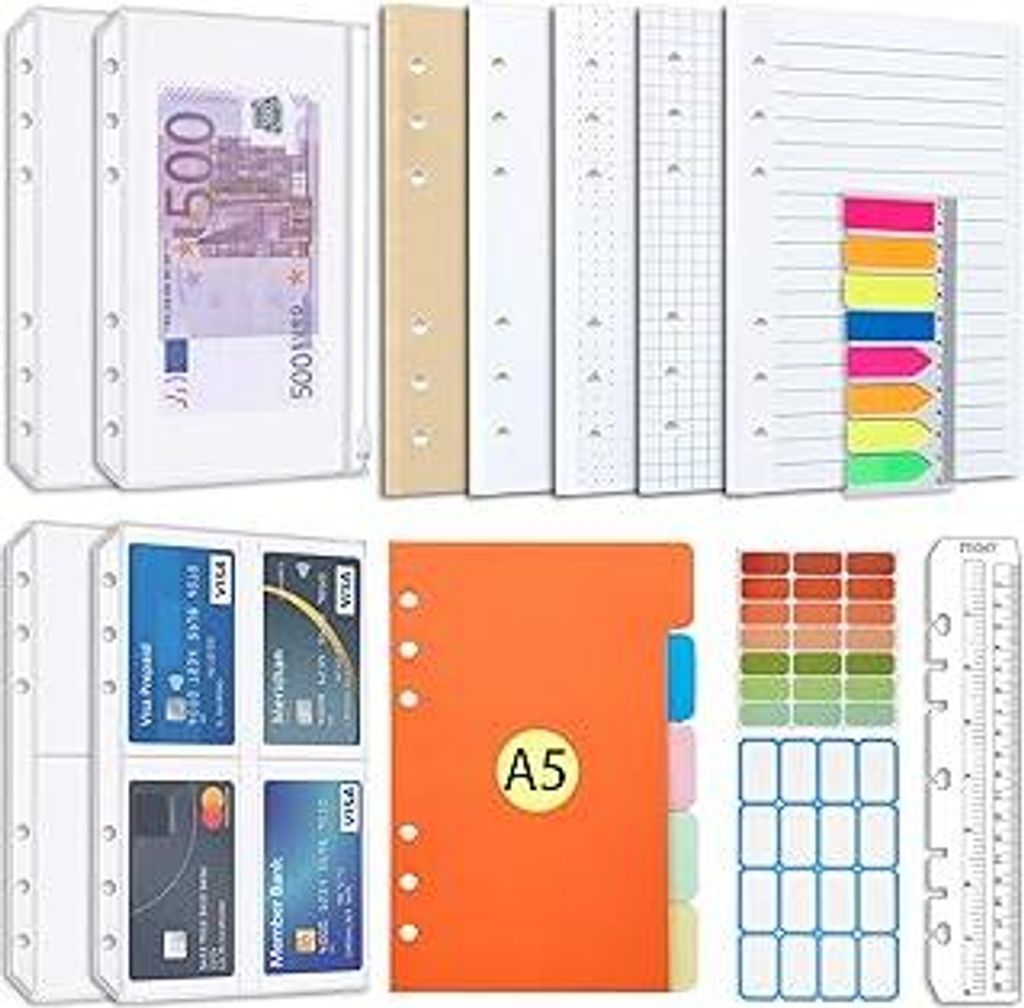 AQTAQ A6 Papier Nachfüllpapier Set 6-Loch A6 Nachfüllbare Haftnotizen 100 Blatt/200 Seiten Farbige Trennblätter Farbige Haftnotizen Lineal Umsch...