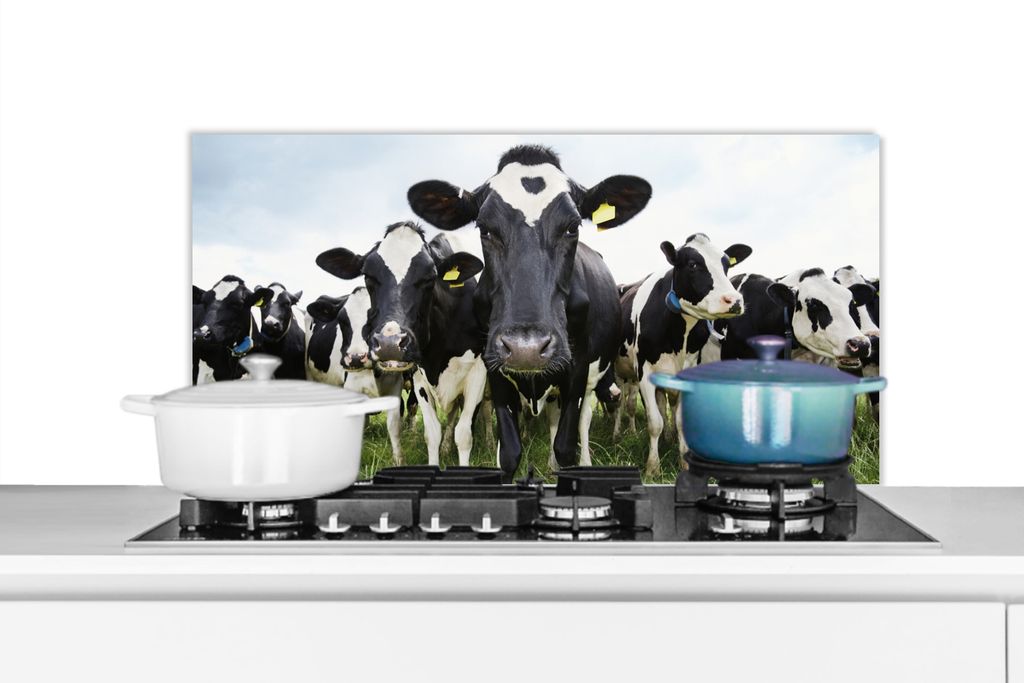 KitchenYeah Spritzschutz Küche - Küchenrückwand - Wandschutz für Herd und Spüle - Kühe - Gras - Frühling - Tiere - Wiese - Bauernhof 90x45...