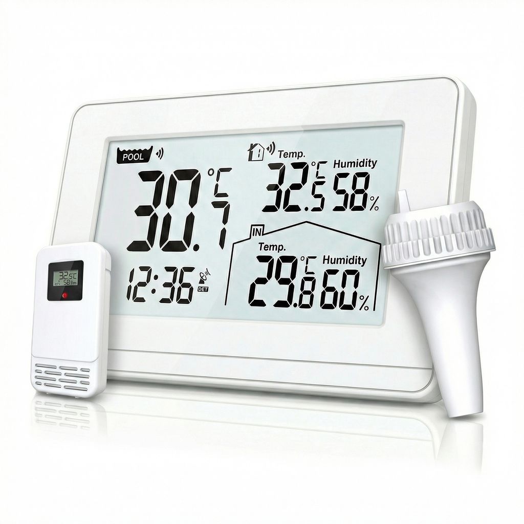 BEARWARE Funk Poolthermometer, Schwimmthermometer, Wasserthermometer mit Wetterstation, Reichweite bis 60m, Außensensor, Wassertemperatur, Luftfeu...