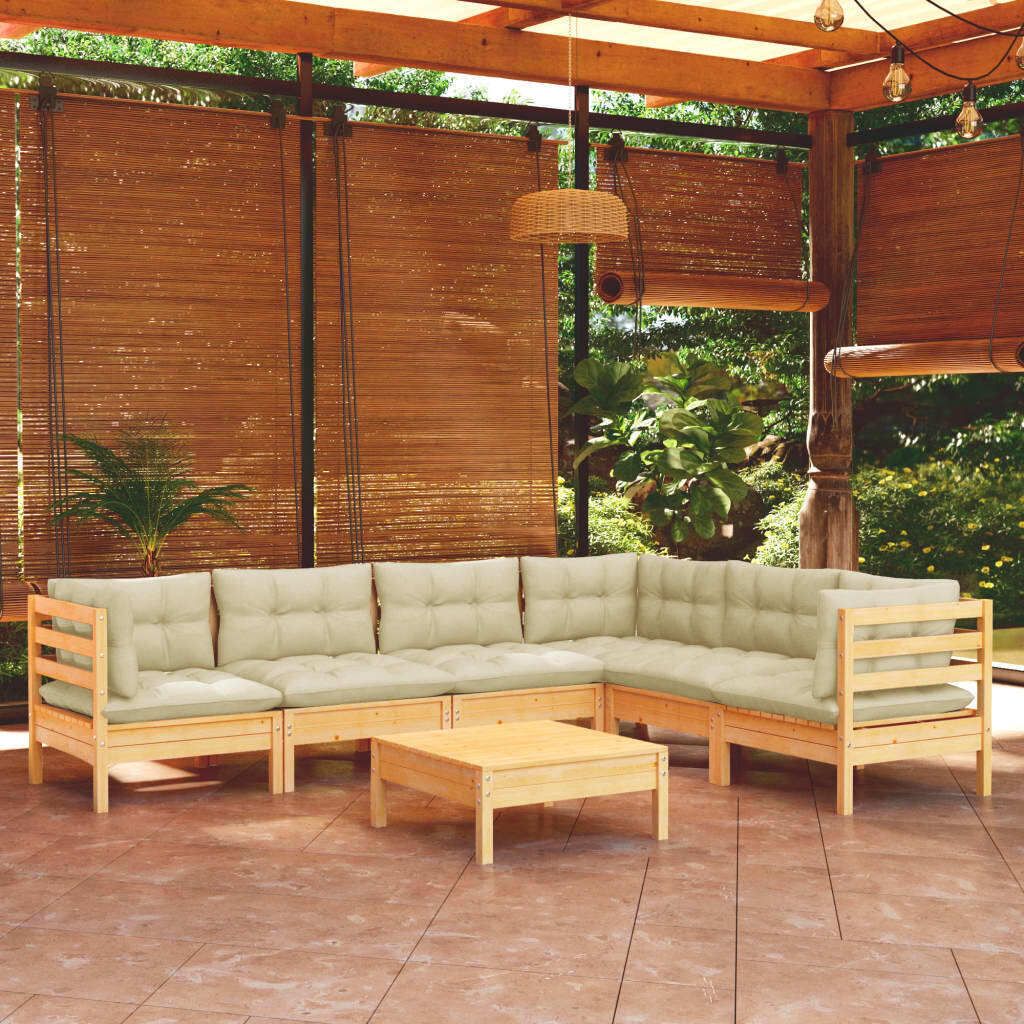 Möbel 7-tlg. Garten-Lounge-Set mit Creme Kissen Massivholz Kiefer - Balkonmöbel 3096689