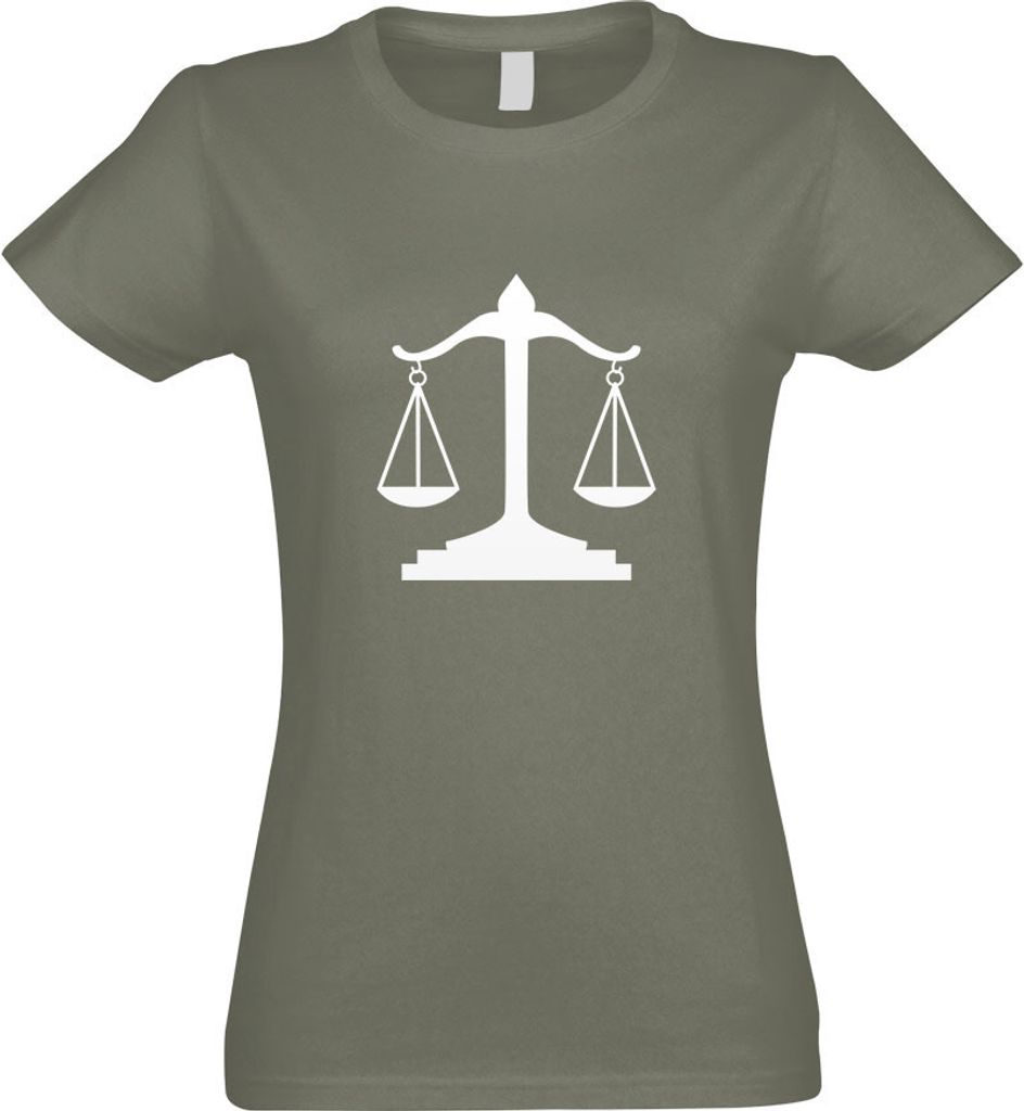 Kiwistar - T-Shirt tailliert - Damen - Olive - Waage Gericht Anwalt Justitia - mit Motiv Bedruckt - Funshirt Design - Sport - Freizeit - Damen - S