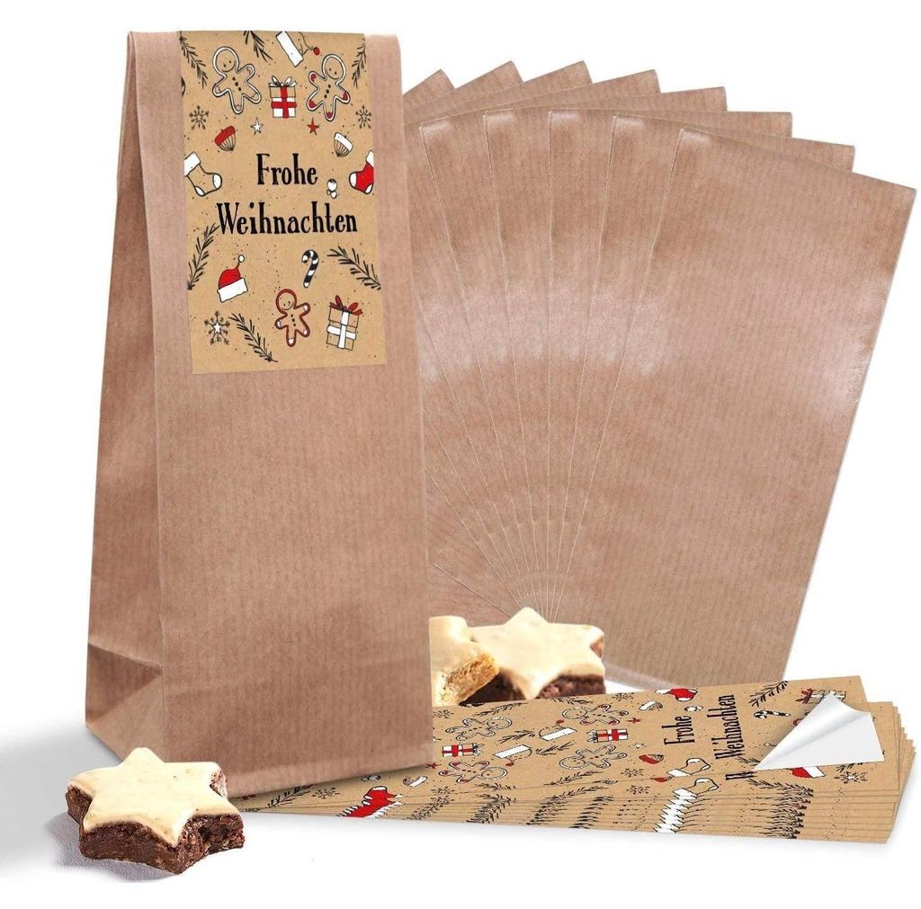 100 kleine braune weihnachtliche Papiertüten schwarz rot beige Kraftpapier Boden-Beutel mit Pergamin-Einlage 7 x 4 x 20,5 cm + 100 LEBKUCHENMANN W...