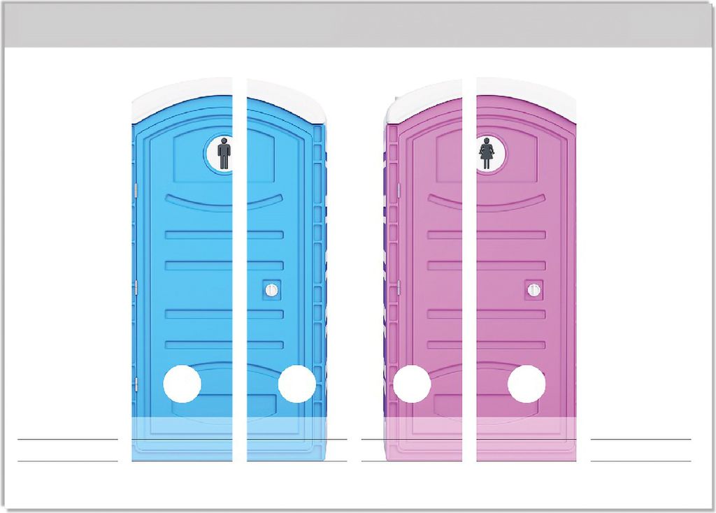 Wallario Ordnerrücken Sticker, selbstklebend für breite Ordner, 6 Stück, Motiv Klo-Häuschen blau und pink Herren und Damen nebeneinander