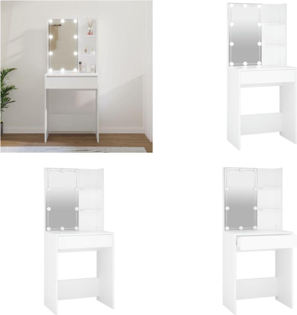 A collage of four images showing a white vanity table with LED lights and a mirror.