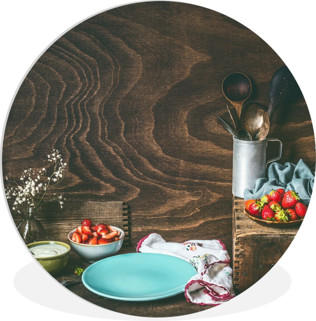 MuchoWow Rundes Wandbild - Runde Bilder Rustikal - Obst - Küchenutensilien - Erdbeere Ø 90 cm Kreis Wanddekoration Kunststoff - Wandkreis - Wan...