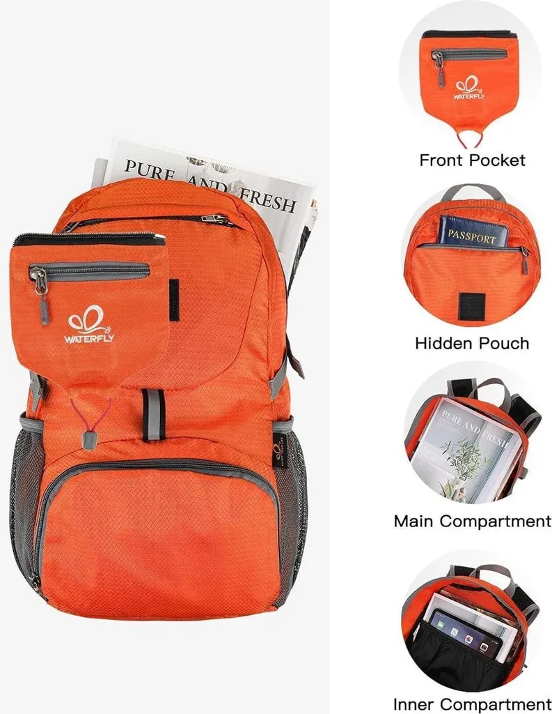 Sac à dos pliable 20L Orange imperméable et ultra résistant pour camping - 4