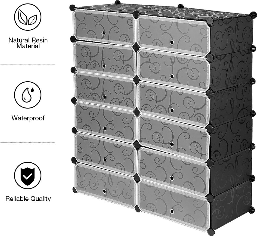 A modular storage cube unit with multiple transparent compartments, set against a white background. Text and icons on the left highlight product features.