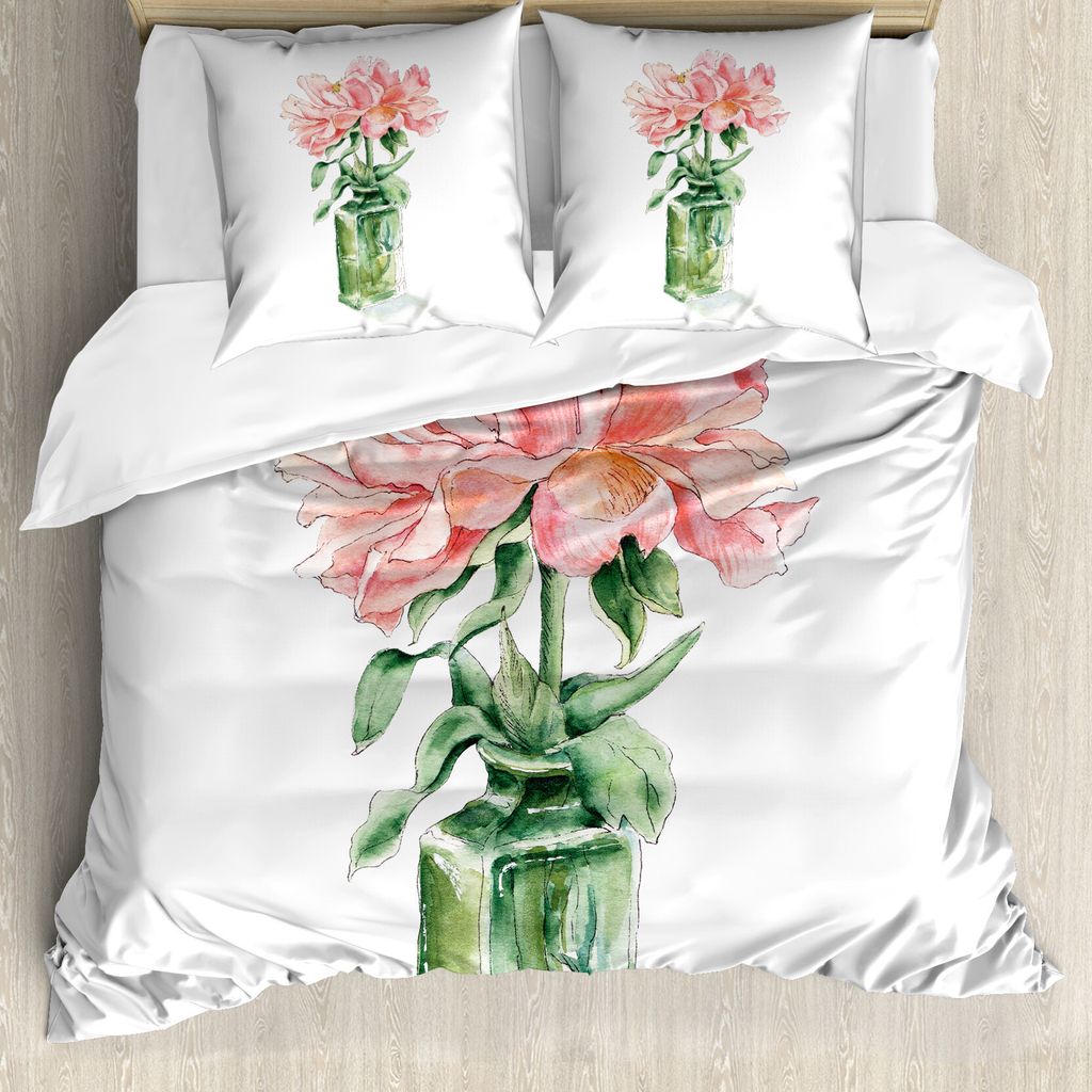 ABAKUHAUS Blumen Bettbezug Set für Einzelbetten, Rosen-Blumen-Zeichnung in Vase, Milbensicher Allergiker geeignet mit Kissenbezug, 200 cm x 200 cm...